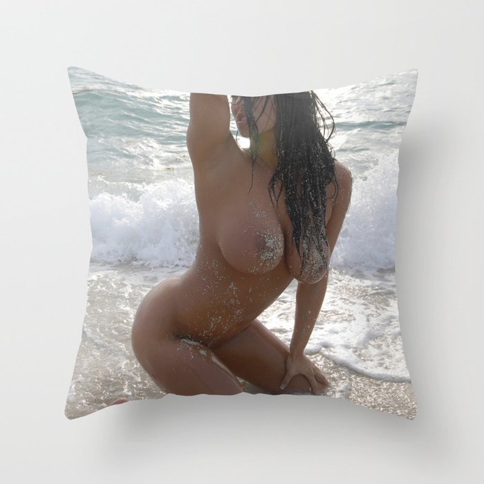 9978-SS Beautiful Naked Woman Nude Beach Sand Surf Big Breasts Long Black Hair Sexy Erotic Art Throw Pillow