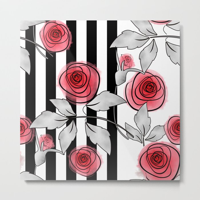 Red Roses On Black And White Striped Background Metal Print By