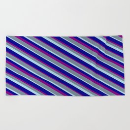 [ Thumbnail: Light Slate Gray, Light Blue, Dark Blue, and Purple Colored Lines/Stripes Pattern Beach Towel ]