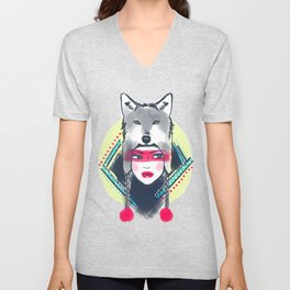 Girl with wolf hat V Neck T Shirt