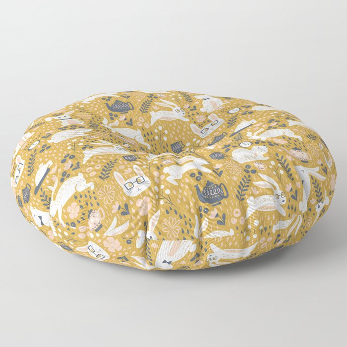 Bunnies + Teapots in Gold Floor Pillow