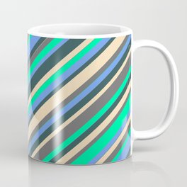 [ Thumbnail: Vibrant Tan, Dim Gray, Green, Cornflower Blue, and Dark Slate Gray Colored Lines/Stripes Pattern Coffee Mug ]