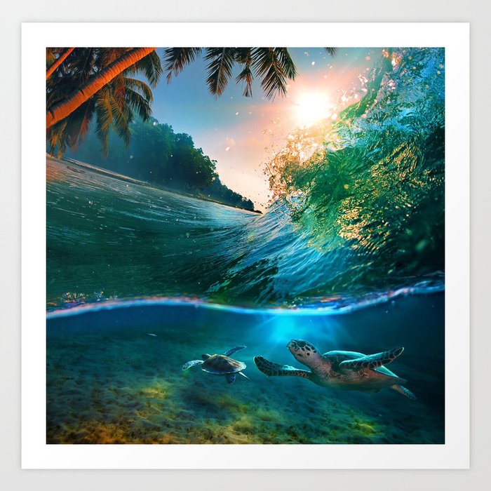 Palm Tree Waves Turtles Beach Ocean Art Print By Rosemarya