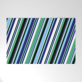 [ Thumbnail: Eyecatching White, Sea Green, Black, Light Sky Blue, and Midnight Blue Colored Stripes Pattern Welcome Mat ]