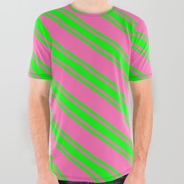 [ Thumbnail: Hot Pink and Lime Colored Lines Pattern All Over Graphic Tee ]