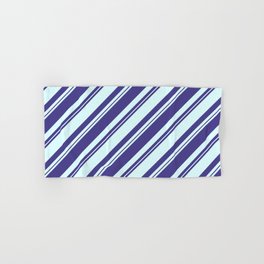 [ Thumbnail: Dark Slate Blue and Light Cyan Colored Lined/Striped Pattern Hand & Bath Towel ]