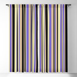 [ Thumbnail: Slate Blue, Pale Goldenrod, Black & Tan Colored Striped/Lined Pattern Blackout Curtain ]