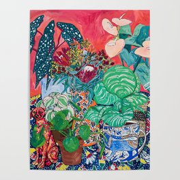 Jungle of Houseplants and Flowers on Bright Coral Pink with Wild Cats Poster