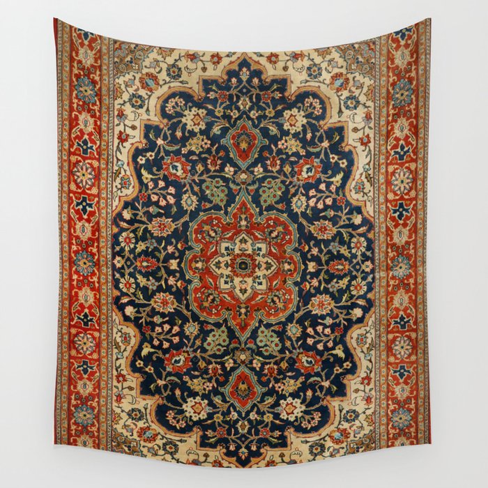 Central Persia 19th Century Authentic Colorful Dark Blue Red Tan Vintage Patterns Wall Tapestry