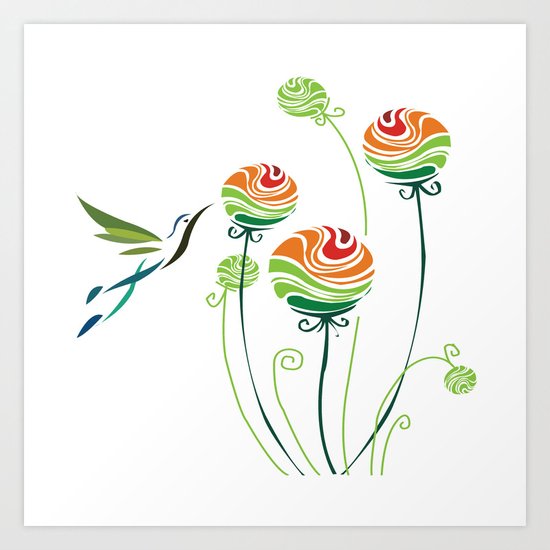 Hummingbird And Flowers Art Print