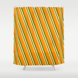 [ Thumbnail: Pale Goldenrod, Dark Orange, and Dark Green Colored Lined Pattern Shower Curtain ]