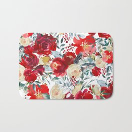 Red teal hand painted boho watercolor roses floral Bath Mat | Handpainted, Painting, Redwatercolor, Tealwatercolor, Redfloral, Pattern, Watercolorfloral, Redflowers, Red, Yellow 