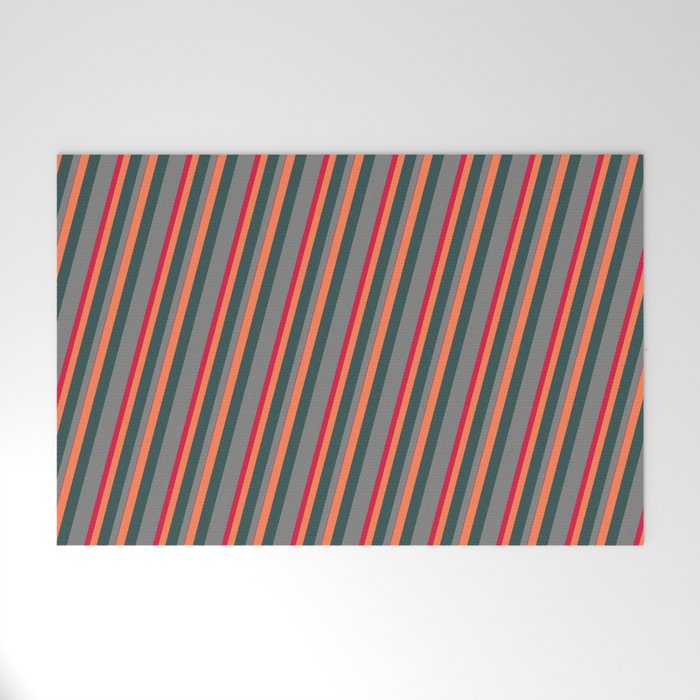 Coral, Dark Slate Gray, Grey, and Crimson Colored Pattern of Stripes Welcome Mat