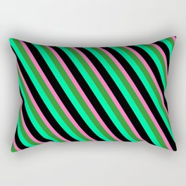 [ Thumbnail: Hot Pink, Forest Green, Green & Black Colored Striped Pattern Rectangular Pillow ]