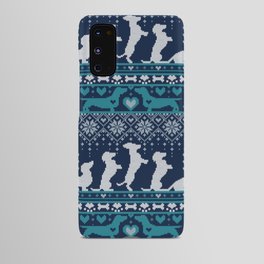 Fair Isle Knitting Doxie Love // navy blue background white and teal dachshunds dogs bones paws and hearts Android Case