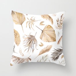 Watercolor Bohemian seamless pattern with dried tropical leaves illustration Throw Pillow