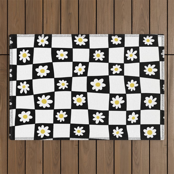 Hand Drawn Checkered Daisy Pattern (black/white/yellow) Outdoor Rug