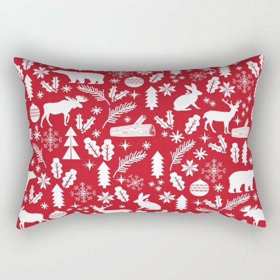 Festive Christmas woodland reindeer moose bear camping red and white minimal pattern for holidays Rectangular Pillow