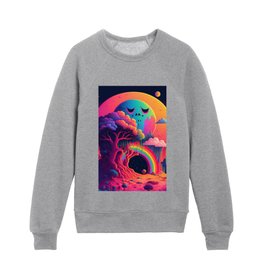 Sleepy Moon Over Forest Rainbow Portal - Psychedelic Landscape - Paint Dripping 3D Illustration - Colorful Haunted Nature Scene Kids Crewneck