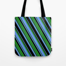 [ Thumbnail: Forest Green, Cornflower Blue & Black Colored Lines Pattern Tote Bag ]