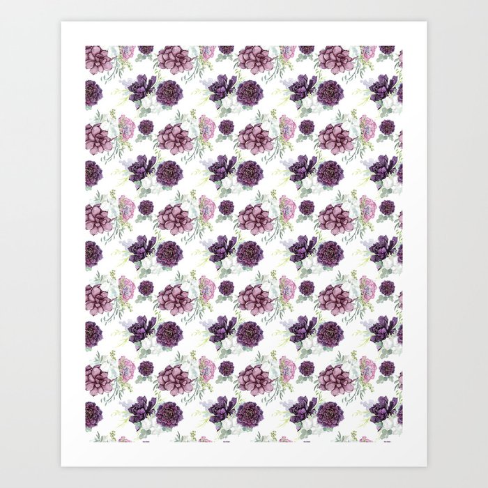 Succulents Deep Violet Lavender Pastel Green Lilac Pattern 2 Art Print