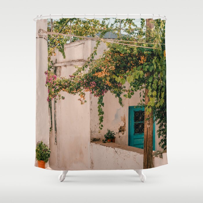 Greek Street Still Live | Colorful Travel Photography in the Cycladic Island of Naxos | Sunny & Summer Vibe Shower Curtain