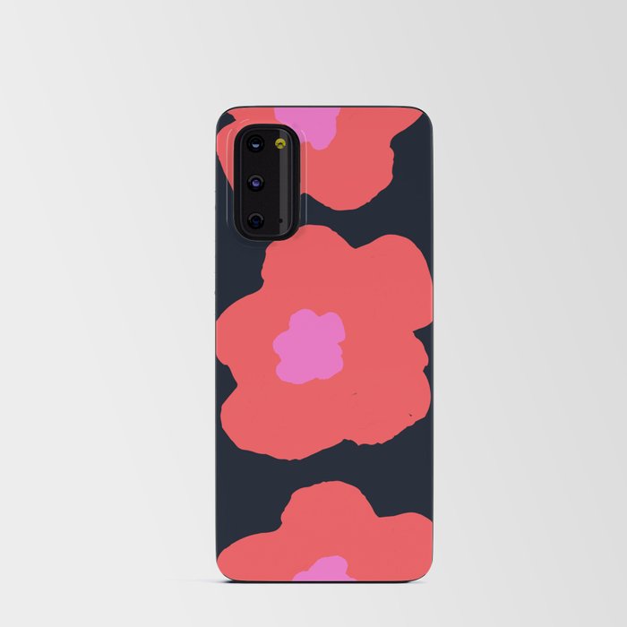 Large Pop-Art Retro Flowers in Pink and Coral Red Orange on Black Background  Android Card Case