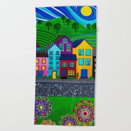 Dot Painting Colorful Village Houses, Hills, and Garden Beach Towel