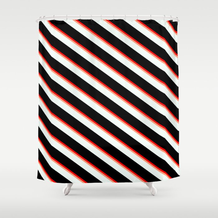 Red, Light Salmon, Mint Cream, and Black Colored Pattern of Stripes Shower Curtain