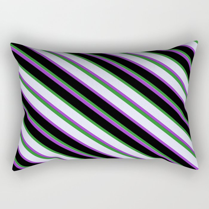Forest Green, Lavender, Dark Orchid, and Black Colored Striped Pattern Rectangular Pillow