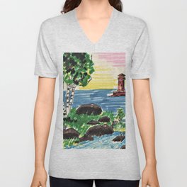 Birch and Lighthouse V Neck T Shirt