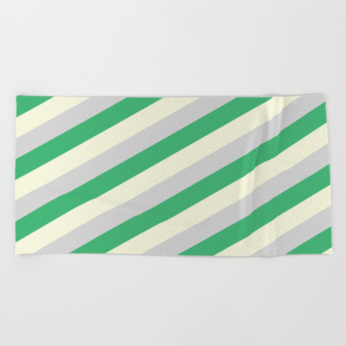Beige, Light Grey & Sea Green Colored Lined Pattern Beach Towel