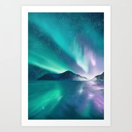 Aurora boralis - polar lights - illustration of admiration of the wonderful landscape with mountains, sky and sea. Art Print