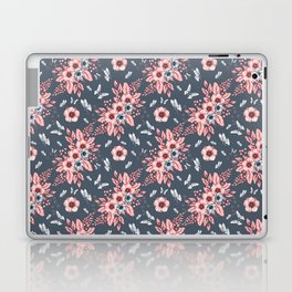 Monochrome anemone flowers and butterflies on a blue background - floral print Laptop Skin