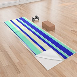 [ Thumbnail: Light Yellow, Aquamarine, and Blue Colored Striped/Lined Pattern Yoga Towel ]