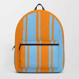 [ Thumbnail: Dark Orange and Light Sky Blue Colored Striped/Lined Pattern Backpack ]