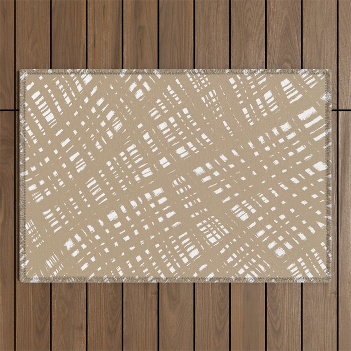 Rough Weave Painted Abstract Burlap Painted Pattern in Beige and White Outdoor Rug