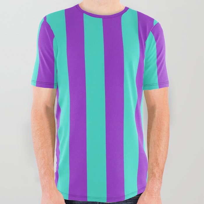 Turquoise and Dark Orchid Colored Striped Pattern All Over Graphic Tee