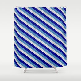 [ Thumbnail: Blue, Light Grey, and Dark Blue Colored Striped/Lined Pattern Shower Curtain ]