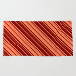 [ Thumbnail: Coral & Maroon Colored Lined/Striped Pattern Beach Towel ]
