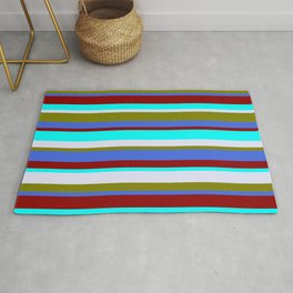 [ Thumbnail: Colorful Green, Royal Blue, Dark Red, Cyan & Lavender Colored Lined Pattern Rug ]