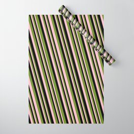 [ Thumbnail: Green, Pink, and Black Colored Striped Pattern Wrapping Paper ]