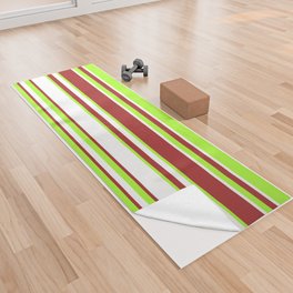 [ Thumbnail: Brown, Light Green & White Colored Lined Pattern Yoga Towel ]
