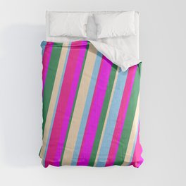 [ Thumbnail: Vibrant Light Sky Blue, Deep Pink, Fuchsia, Sea Green, and Bisque Colored Stripes/Lines Pattern Comforter ]