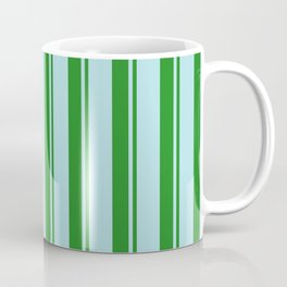 [ Thumbnail: Forest Green and Powder Blue Colored Pattern of Stripes Coffee Mug ]