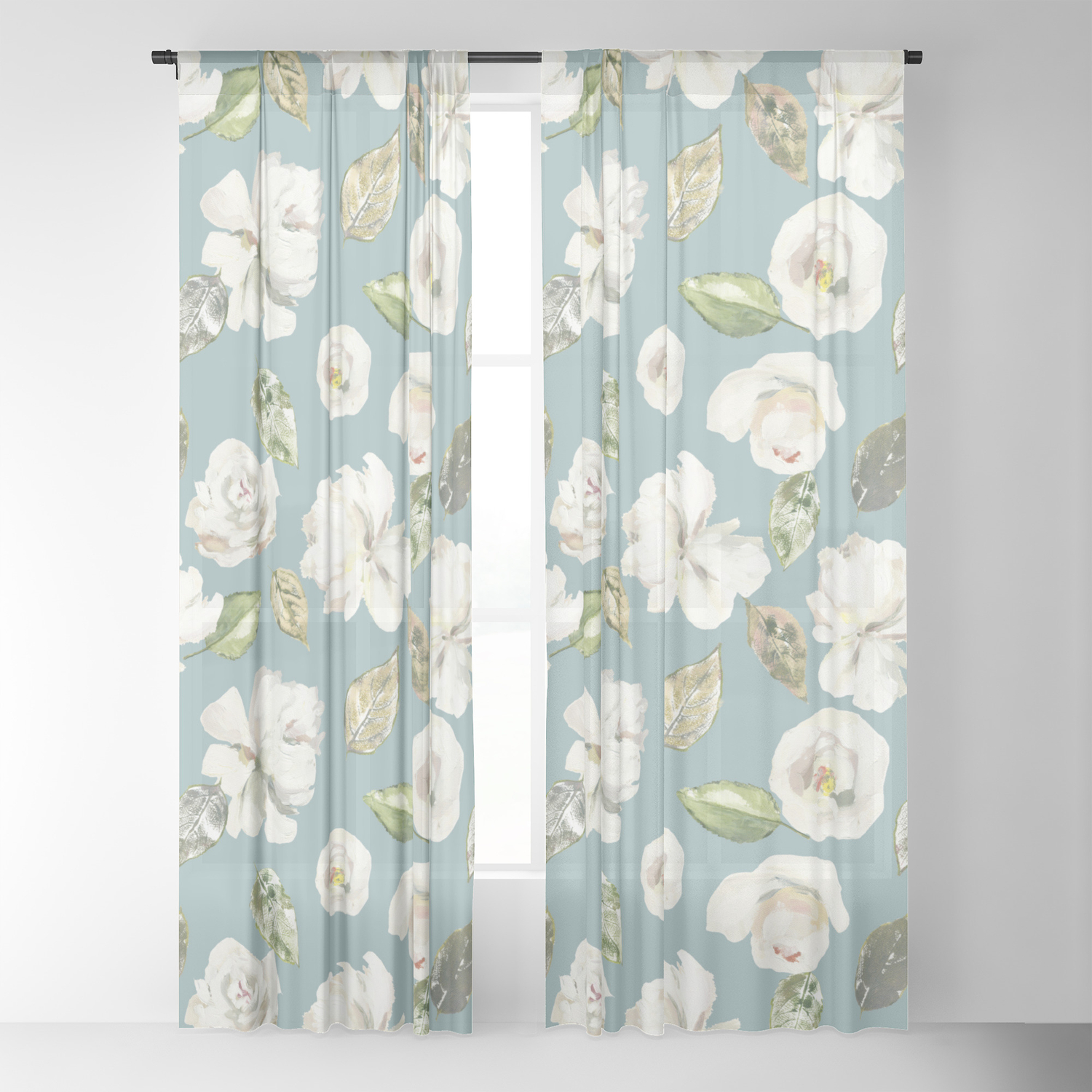 White Roses With Duck Egg Blue Sheer Curtain By Janykamitchell
