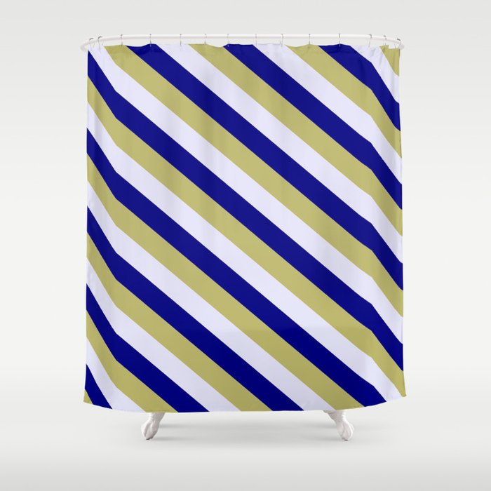 Blue, Dark Khaki & Lavender Colored Lined/Striped Pattern Shower Curtain