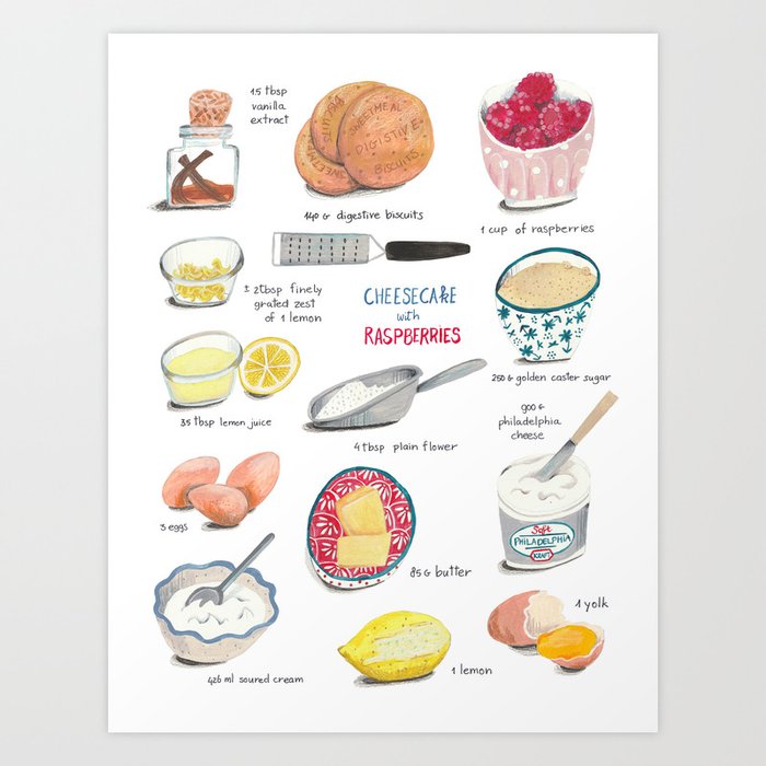 Raspberry Cheesecake illustrated recipe Art Print