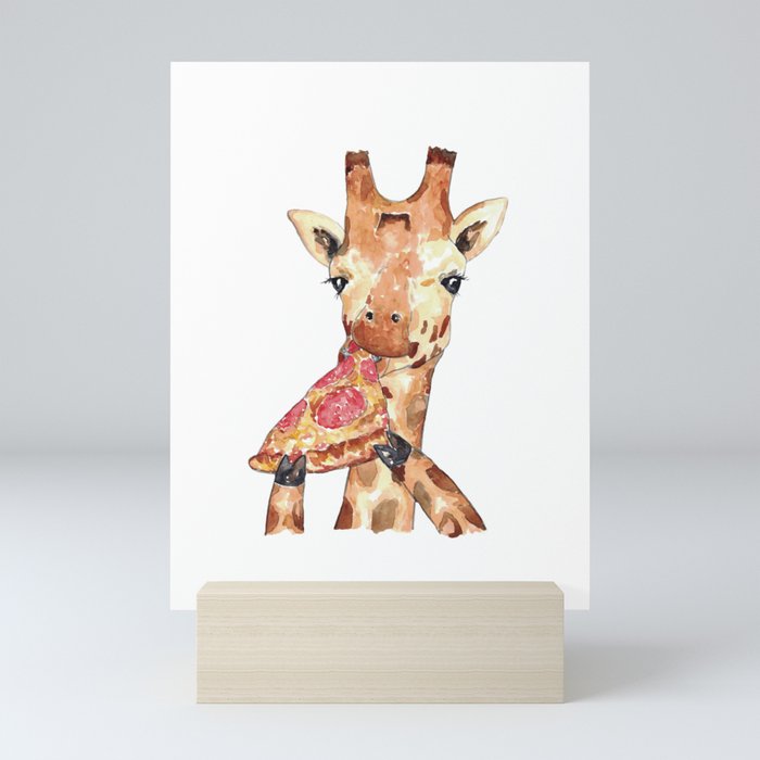 Giraffe pizza watercolor painting Mini Art Print