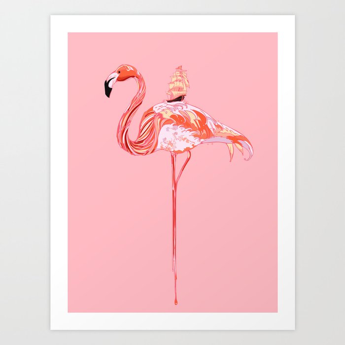 Flamingo & Sea Art Print By Huebucket 